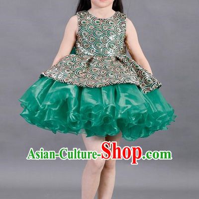 Traditional Chinese Modern Dancing Compere Costume, Children Opening Classic Chorus Singing Group Dance Paillette Uniforms, Modern Dance Classic Dance Green Bubble Dress for Girls Kids