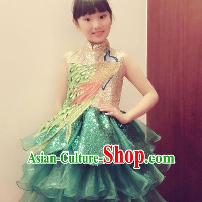 Traditional Chinese Modern Dancing Performance Costume, Children Opening Classic Chorus Singing Group Dance Phoenix Paillette Uniforms, Modern Dance Classic Dance Green Bubble Dress for Girls Kids