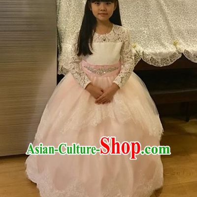 Traditional Chinese Modern Dancing Performance Costume, Children Opening Classic Chorus Singing Group Dance Uniforms, Modern Dance Classic Dance Pink Trailing Dress for Girls Kids