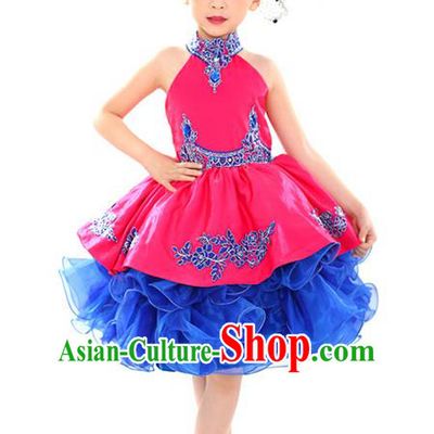 Traditional Chinese Modern Dancing Performance Costume, Children Opening Classic Chorus Singing Group Dance Uniforms, Modern Dance Classic Dance Pink Bubble Dress for Girls Kids