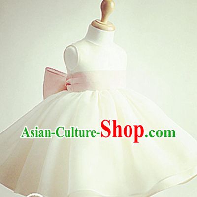 Traditional Chinese Modern Dancing Performance Costume, Children Opening Classic Chorus Singing Group Dance Evening Dress, Modern Dance Classic Dance Bubble Princess White Dress for Girls Kids