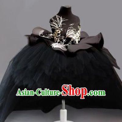 Traditional Chinese Modern Dancing Compere Costume, Children Opening Classic Chorus Singing Group Dance Embroidery Feather Dress, Modern Dance Classic Dance Black Bubble Dress for Girls Kids