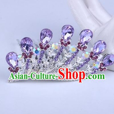 Top Grade Handmade Chinese Classical Hair Accessories, Children Baroque Style Headband Princess Royal Crown Purple Rhinestone Coronet, Hair Sticks Hair Jewellery, Hair Clasp for Kids Girls