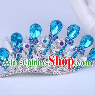 Top Grade Handmade Chinese Classical Hair Accessories, Children Baroque Style Headband Princess Royal Crown Blue Rhinestone Coronet, Hair Sticks Hair Jewellery, Hair Clasp for Kids Girls