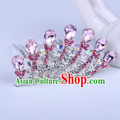 Top Grade Handmade Chinese Classical Hair Accessories, Children Baroque Style Headband Princess Royal Crown Pink Rhinestone Coronet, Hair Sticks Hair Jewellery, Hair Clasp for Kids Girls