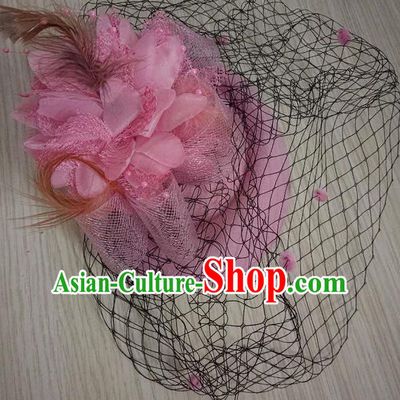 Top Grade Handmade Chinese Classical Hair Accessories, Children Baroque Style Headband Princess Light Pink Veil Top-hat, Hair Sticks Headwear Hats for Kids Girls