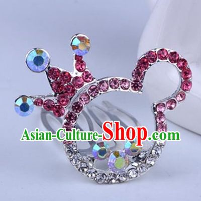 Top Grade Handmade Chinese Classical Hair Accessories, Children Baroque Style Headband Princess Pink Rhinestone Cute Royal Crown, Hair Sticks Hair Jewellery, Cartoon Hair Clasp for Kids Girls