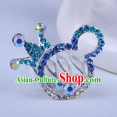 Top Grade Handmade Chinese Classical Hair Accessories, Children Baroque Style Headband Princess Blue Rhinestone Cute Royal Crown, Hair Sticks Hair Jewellery, Cartoon Hair Clasp for Kids Girls