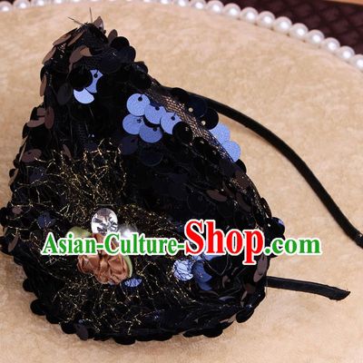 Top Grade Handmade Chinese Classical Hair Accessories, Children Baroque Style Headband Princess Black Paillette Hair Clasp, Hair Sticks Hair Jewellery for Kids Girls