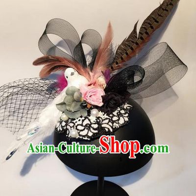 Top Grade Handmade Chinese Classical Hair Accessories, Children Baroque Style Headband, Hair Sticks Hair Jewellery, Black Feather Hair Clasp for Kids Girls