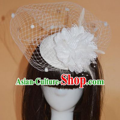 Top Grade Handmade Chinese Classical Hair Accessories, Children Baroque Style Headband Princess White Veil Feather Top-hat, Hair Sticks Headwear Hats for Kids Girls