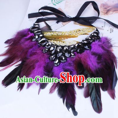 Top Grade Handmade Chinese Classical Accessories, Children Baroque Style Necklace, Full Dress Purple Feather Torques Collar for Kids Girls