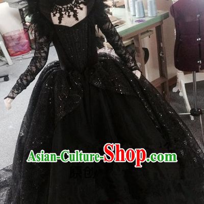 Traditional Chinese Modern Dancing Compere Performance Costume, Children Opening Classic Chorus Singing Group Dance Princess Black Trailing Full Dress, Modern Dance Halloween Party Dress for Girls Kids