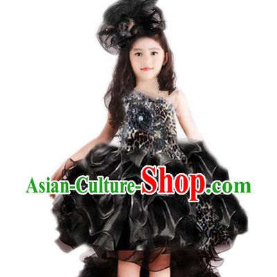 Traditional Chinese Modern Dancing Compere Performance Costume, Children Opening Classic Chorus Singing Group Dance Princess Black Leopard Trailing Full Dress, Modern Dance Halloween Party Dress for Girls Kids
