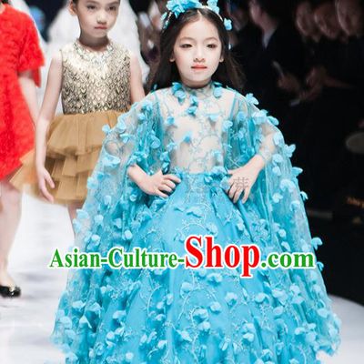 Traditional Chinese Modern Dancing Compere Performance Costume, Children Opening Classic Chorus Singing Group Dance Princess Blue Long Bubble Full Dress, Modern Dance Halloween Party Dress for Girls Kids