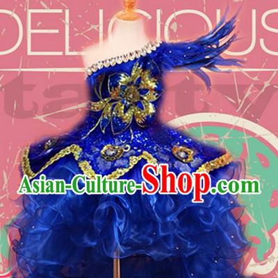 Traditional Chinese Modern Dancing Compere Performance Costume, Children Opening Classic Chorus Singing Group Dance Princess Blue Long Trailing Bubble Full Dress, Modern Dance Halloween Party Dress for Girls Kids