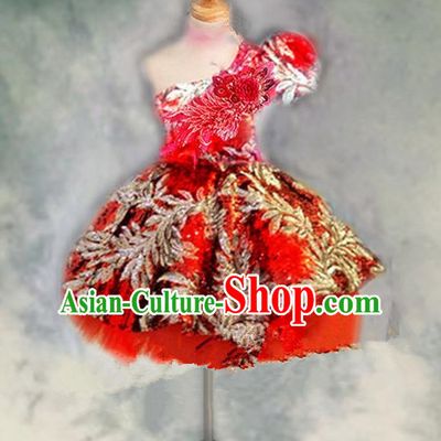 Traditional Chinese Modern Dancing Compere Performance Costume, Children Opening Classic Chorus Singing Group Dance Princess One-shoulder Red Bubble Full Dress, Modern Dance Halloween Party Dress for Girls Kids