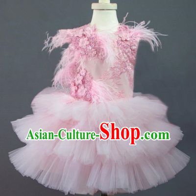 Traditional Chinese Modern Dancing Compere Performance Costume, Children Opening Classic Chorus Singing Group Dance Princess Lace Pink Full Dress, Modern Dance Halloween Party Ballet Dance Dress for Girls Kids