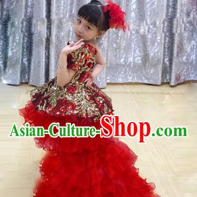 Traditional Chinese Modern Dancing Compere Performance Costume, Children Opening Classic Chorus Singing Group Dance Red Paillette Princess Full Dress, Modern Dance Classic Dance Trailing Dress for Girls Kids