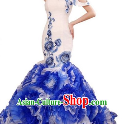 Top Stunning Beautiful Chinese Elegant Classical Cultural Blue White Long Trail Evening Dress Wedding Dress