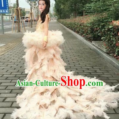 Top Grade Chinese Compere Performance Costume, Children Chorus Singing Group Full Dress Modern Dance Ostrich Feather Trailing Dress for Girls Kids
