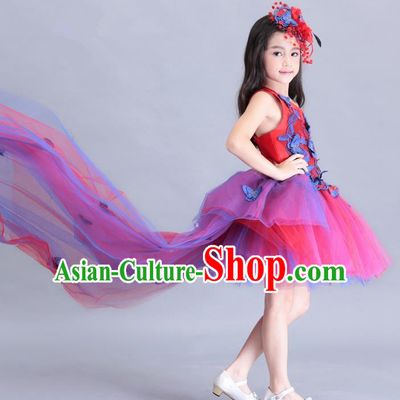 Top Grade Chinese Compere Performance Costume, Children Chorus Singing Group Embroidery Butterfly Red Full Dress Modern Dance Trailing Dress for Girls Kids