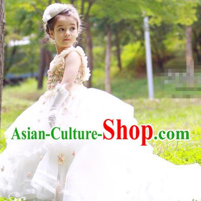 Top Grade Chinese Compere Performance Costume, Children Chorus Singing Group White Long Full Dress Modern Dance Flowers Trailing Dress for Girls Kids