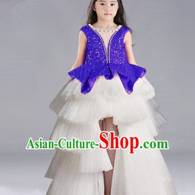 Top Grade Chinese Compere Performance Costume, Children Chorus Singing Group Blue Full Dress Modern Dance Trailing Bubble Short Dress for Girls Kids