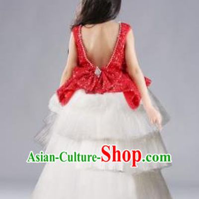 Top Grade Chinese Compere Performance Costume, Children Chorus Singing Group Red Full Dress Modern Dance Trailing Bubble Short Dress for Girls Kids