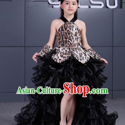 Top Grade Chinese Compere Performance Costume, Children Chorus Singing Group Black Veil Full Dress Modern Dance Leopard Trailing Bubble Short Dress for Girls Kids