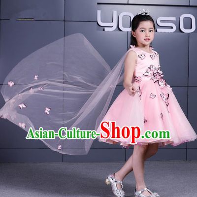 Top Grade Chinese Compere Performance Costume, Children Chorus Singing Group Pink Three-dimensional Butterfly Full Dress Modern Dance Bubble Short Dress for Girls Kids