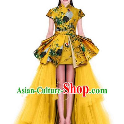 Top Grade Chinese Style Compere Performance Costume, Children Chorus Singing Group Stand Collar Full Dress Modern Dance Gold Long Veil Trailing Dress for Girls Kids