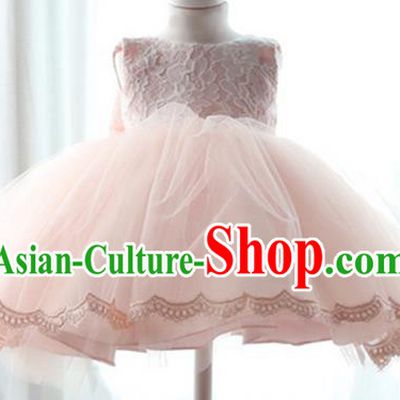 Top Grade Chinese Compere Performance Costume, Children Chorus Singing Group Pink Full Dress Modern Ballet Dance Short Veil Bubble Dress for Girls Kids