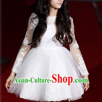 Top Grade Chinese Compere Performance Costume, Children Chorus Singing Group Baby Princess White Full Dress Modern Dance Short Veil Bubble Dress for Girls Kids