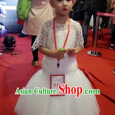 Top Grade Chinese Compere Catwalks Performance Costume, Children Chorus Singing Group Baby Princess Fishtail Full Dress Modern Dance White Veil Dress for Girls Kids
