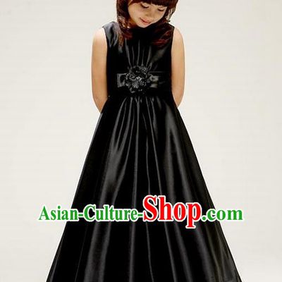 Top Grade Chinese Compere Performance Costume, Children Chorus Singing Group Baby Princess Black Full Dress Modern Dance Veil Bubble Cocktail Dress for Girls Kids