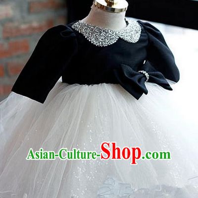 Top Grade Chinese Compere Piano Performance Costume, Children Chorus Singing Group Baby Princess Paillette Full Dress Modern Dance Veil Bubble Dress for Girls Kids