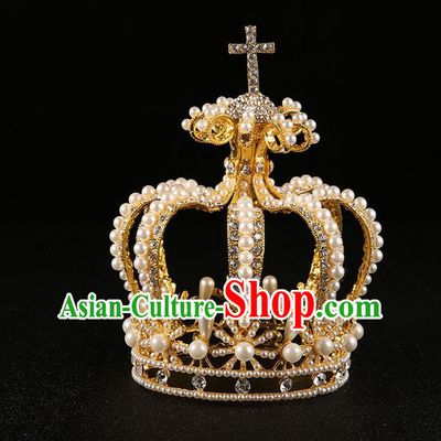 Top Grade Handmade Classical Hair Accessories, Children Baroque Style Queen Pearl Golden Royal Round Crown Hair Jewellery Hair Clasp for Kids Girls