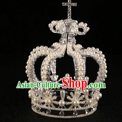 Top Grade Handmade Classical Hair Accessories, Children Baroque Style Queen Pearl Royal Round Crown Hair Jewellery Hair Clasp for Kids Girls
