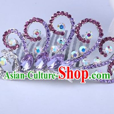 Top Grade Handmade Classical Peacock Hair Accessories, Children Baroque Style Crystal Rhinestone Princess Purple Royal Crown Hair Jewellery Hair Clasp for Kids Girls