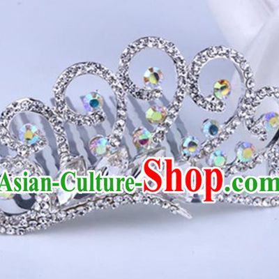 Top Grade Handmade Classical Peacock Hair Accessories, Children Baroque Style Crystal Hairpins Rhinestone Princess White Royal Crown Hair Jewellery Hair Clasp for Kids Girls