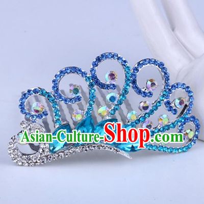Top Grade Handmade Classical Peacock Hair Accessories, Children Baroque Style Crystal Hairpins Rhinestone Princess Blue Royal Crown Hair Jewellery Hair Clasp for Kids Girls