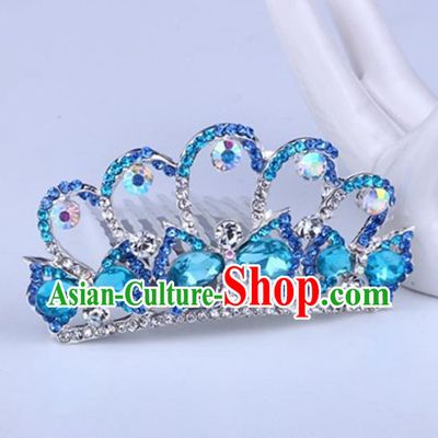 Top Grade Handmade Classical Swan Hair Accessories, Children Baroque Style Crystal Hairpins Rhinestone Princess Blue Royal Crown Hair Jewellery Hair Clasp for Kids Girls