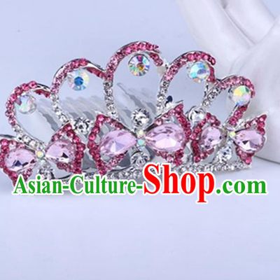 Top Grade Handmade Classical Swan Hair Accessories, Children Baroque Style Crystal Hairpins Rhinestone Princess Pink Royal Crown Hair Jewellery Hair Clasp for Kids Girls