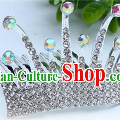Top Grade Handmade Classical Hair Accessories Hair Comb, Children Baroque Style Crystal Hairpins Rhinestone Princess White Royal Crown Hair Jewellery Hair Clasp for Kids Girls