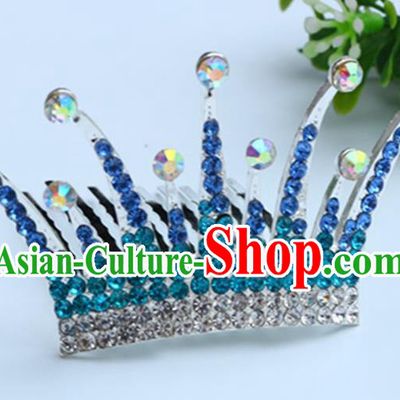 Top Grade Handmade Classical Hair Accessories Hair Comb, Children Baroque Style Crystal Hairpins Rhinestone Princess Blue Royal Crown Hair Jewellery Hair Clasp for Kids Girls