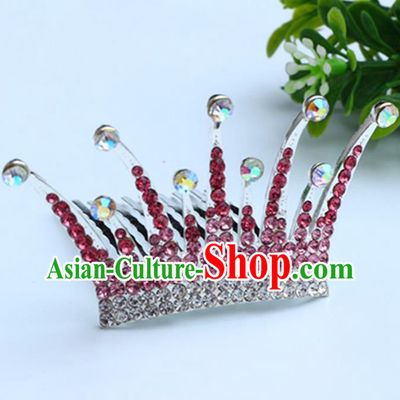 Top Grade Handmade Classical Hair Accessories Hair Comb, Children Baroque Style Crystal Hairpins Rhinestone Princess Pink Royal Crown Hair Jewellery Hair Clasp for Kids Girls
