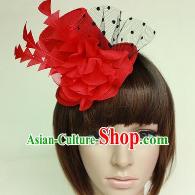Top Grade Handmade Classical Top Hat, Children Baroque Style Queen Party Headwear Red Lace Hat for Kids Girls
