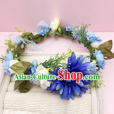 Top Grade Handmade Classical Hair Accessories Hairpins Wreath, Children Baroque Style Blue Flowers Garland Bobby Pin Hair Clasp for Kids Girls