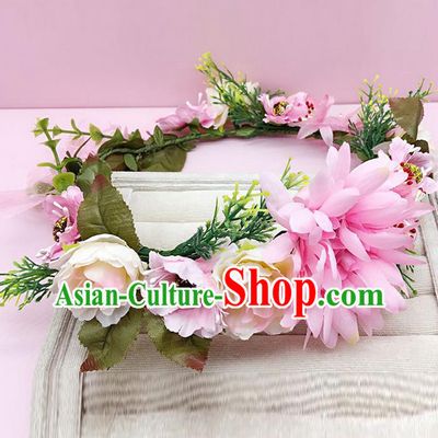 Top Grade Handmade Classical Hair Accessories Hairpins Wreath, Children Baroque Style Pink Flowers Garland Bobby Pin Hair Clasp for Kids Girls